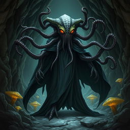 A mind flayer aberration with the head of a beholder, wearing a flowing, dark cape