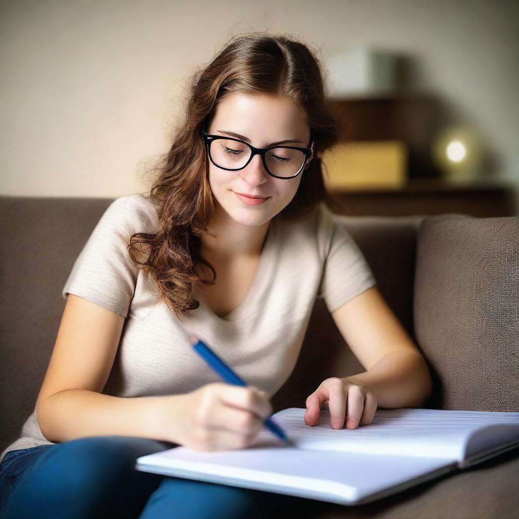 A young adult woman with glasses resting her head on a sofa, holding a notepad in her hand