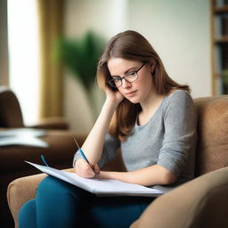 A young adult woman with glasses resting her head on a sofa, holding a notepad in her hand