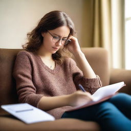 A young adult woman with glasses resting her head on a sofa, holding a notepad in her hand