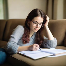 A young adult woman with glasses resting her head on a sofa, holding a notepad in her hand