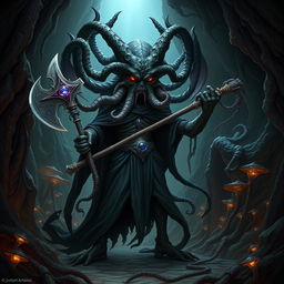 A mind flayer aberration with the head of a beholder, wearing a flowing, dark cape and holding an axe encrusted with gems