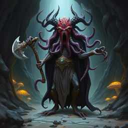 A mind flayer aberration with the head of a beholder, wearing a flowing, dark cape and holding an axe encrusted with gems