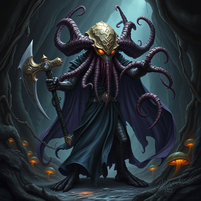 A mind flayer aberration with the head of a beholder, wearing a flowing, dark cape and holding an axe encrusted with gems