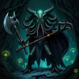 A mind flayer aberration with the head of a beholder, wearing a flowing, dark cape and holding an axe encrusted with gems