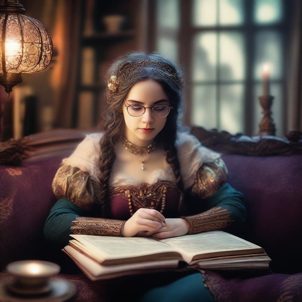 A young adult woman with glasses resting her head on a sofa, holding a notepad in her hand