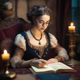 A young adult woman with glasses resting her head on a sofa, holding a notepad in her hand