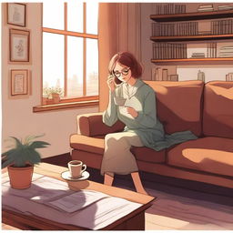 A cozy scene featuring a woman wearing glasses, sitting at a table and enjoying a cup of tea