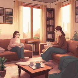 A cozy scene featuring a woman wearing glasses, sitting at a table and enjoying a cup of tea