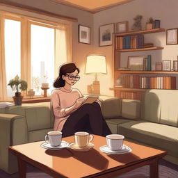 A cozy scene featuring a woman wearing glasses, sitting at a table and enjoying a cup of tea