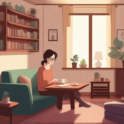 A cozy scene featuring a woman wearing glasses, sitting at a table and enjoying a cup of tea