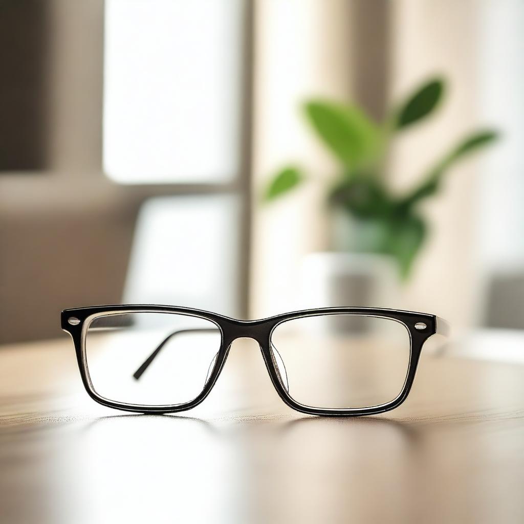 A close-up scene of a pair of glasses resting on a table, with a hand gently holding them