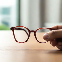 A close-up scene of a pair of glasses resting on a table, with a hand gently holding them