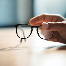 A close-up scene of a pair of glasses resting on a table, with a hand gently holding them