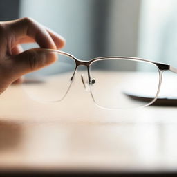 A close-up scene of a pair of glasses resting on a table, with a hand gently holding them