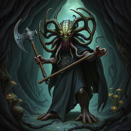 A mind flayer aberration with the head of a beholder, wearing a flowing, dark cape and holding an axe