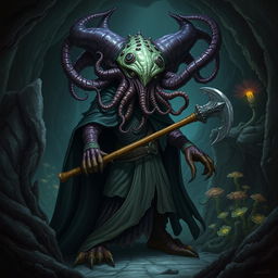 A mind flayer aberration with the head of a beholder, wearing a flowing, dark cape and holding an axe