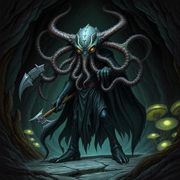 A mind flayer aberration with the head of a beholder, wearing a flowing, dark cape and holding an axe