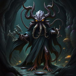 A mind flayer aberration with the head of a beholder, wearing a flowing, dark cape and holding an axe