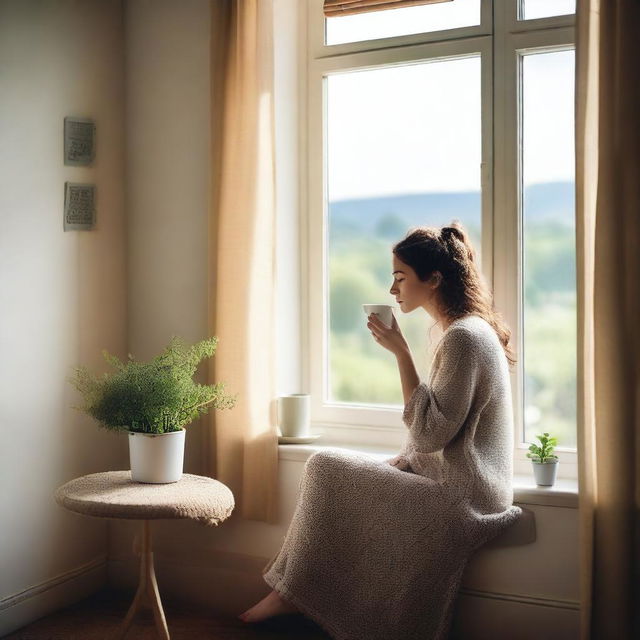 A serene scene featuring a young adult woman drinking tea while looking out of a window