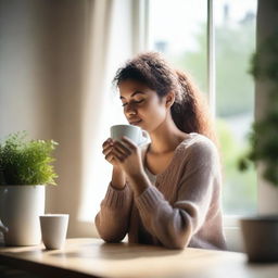 A serene scene featuring a young adult woman drinking tea while looking out of a window