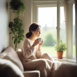 A serene scene featuring a young adult woman drinking tea while looking out of a window