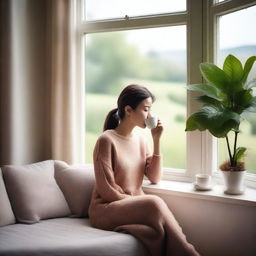 A serene scene featuring a young adult woman drinking tea while looking out of a window