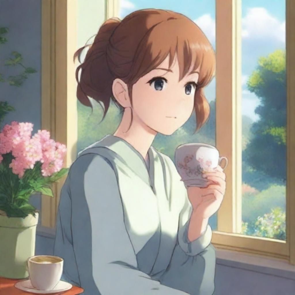 A young adult woman in an anime art style, drinking tea while looking out of a window