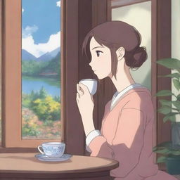 A young adult woman in an anime art style, drinking tea while looking out of a window