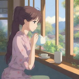 A young adult woman in an anime art style, drinking tea while looking out of a window