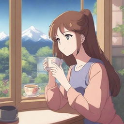 A young adult woman in an anime art style, drinking tea while looking out of a window