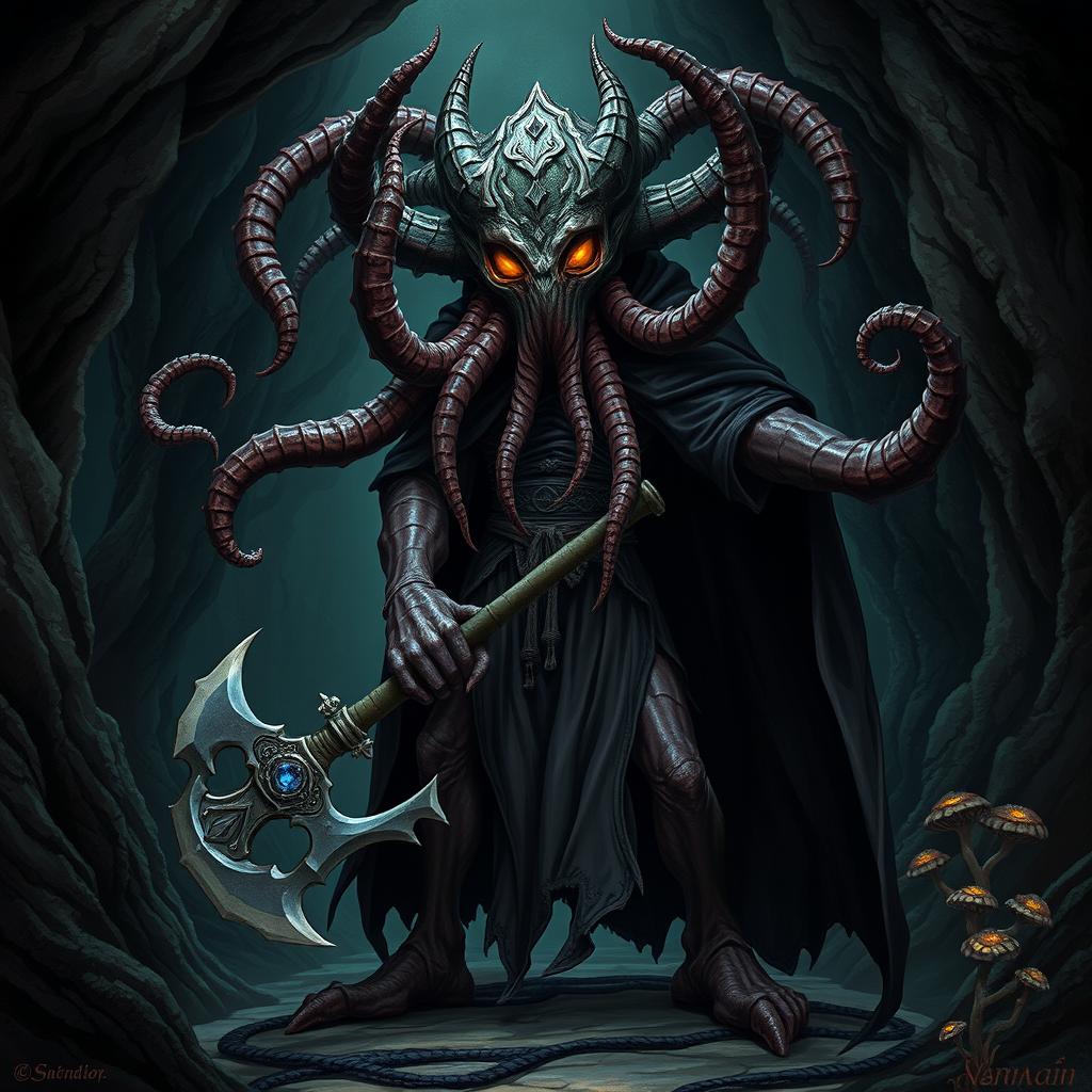 A mind flayer aberration with the head of a beholder, wearing a flowing, dark cape and holding an axe encrusted with gems