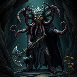 A mind flayer aberration with the head of a beholder, wearing a flowing, dark cape and holding an axe encrusted with gems