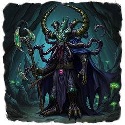 A mind flayer aberration with the head of a beholder, wearing a flowing, dark cape and holding an axe encrusted with gems