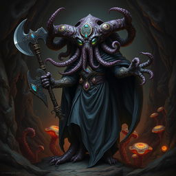 A mind flayer aberration with the head of a beholder, wearing a flowing, dark cape and holding an axe encrusted with gems