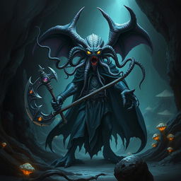 A mind flayer aberration with the head of a beholder, wearing a flowing, dark cape and holding an axe encrusted with gems