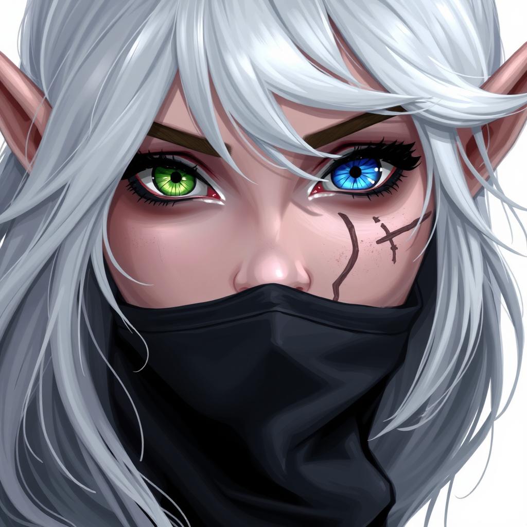 A detailed illustration of an elven female rogue with white hair