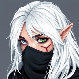 A detailed illustration of an elven female rogue with white hair