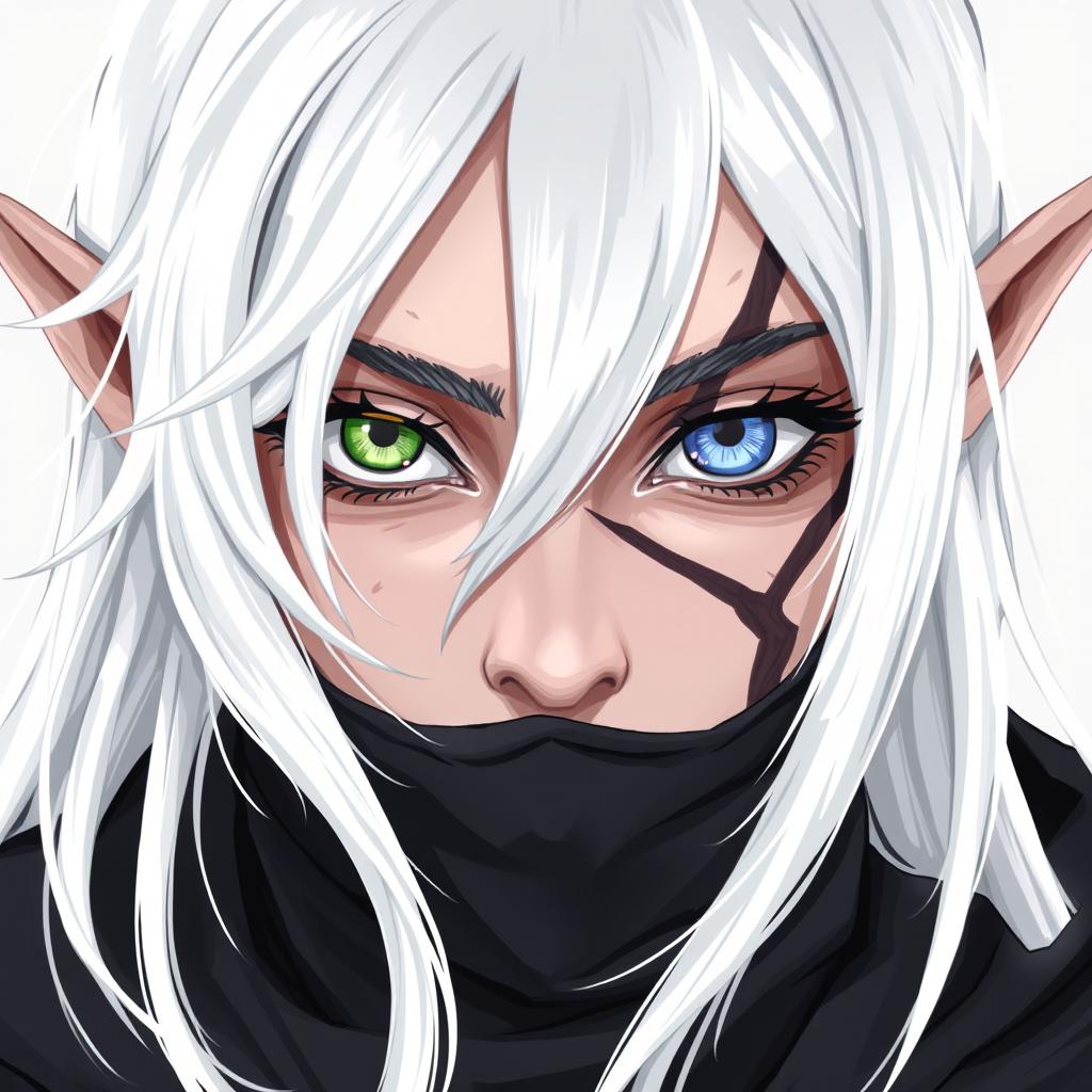 A detailed illustration of an elven female rogue with white hair