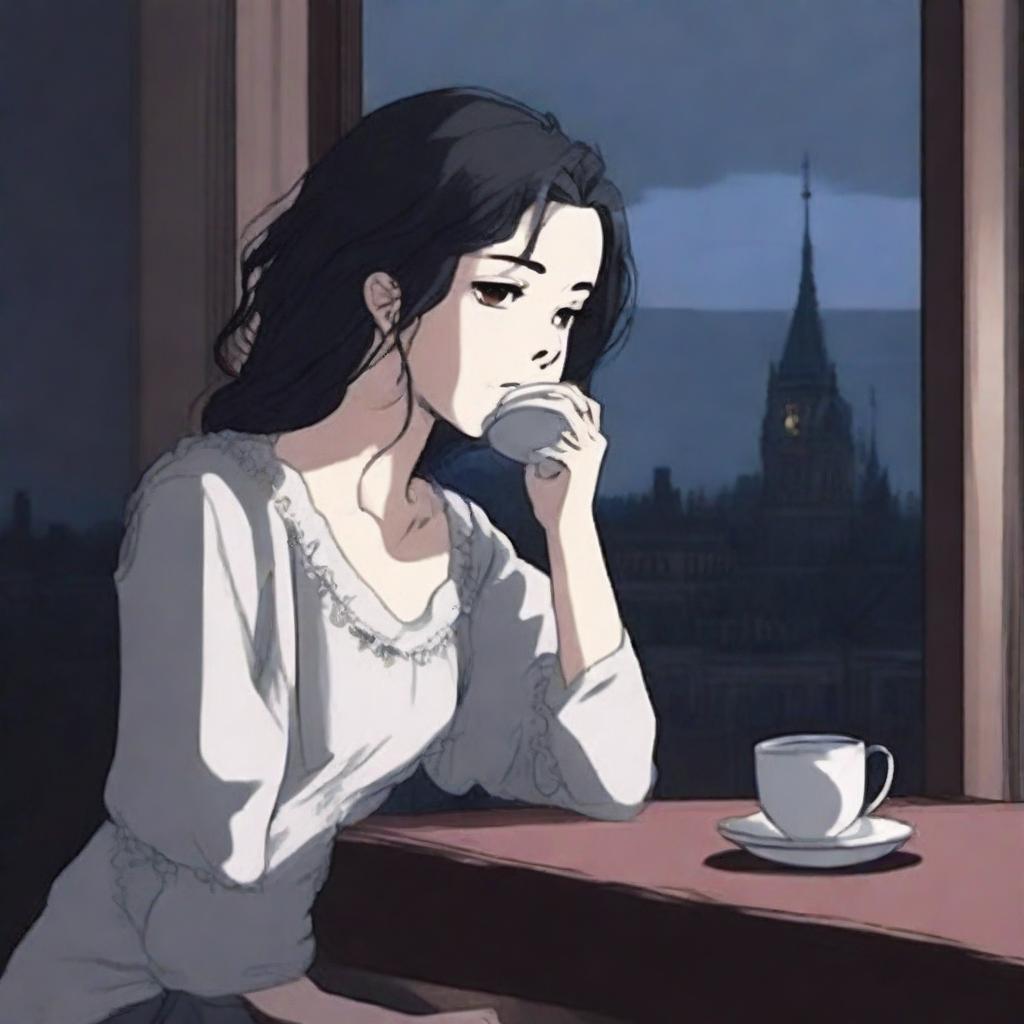 A young adult woman in a dark anime art style, drinking tea while looking out of a window