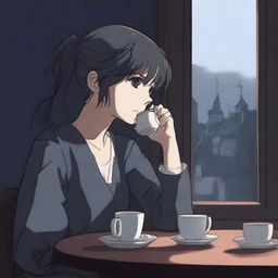 A young adult woman in a dark anime art style, drinking tea while looking out of a window