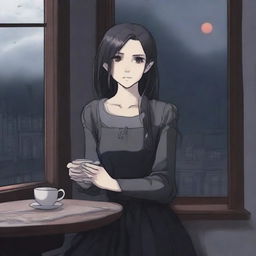 A young adult woman in a dark anime art style, drinking tea while looking out of a window