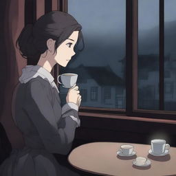 A young adult woman in a dark anime art style, drinking tea while looking out of a window