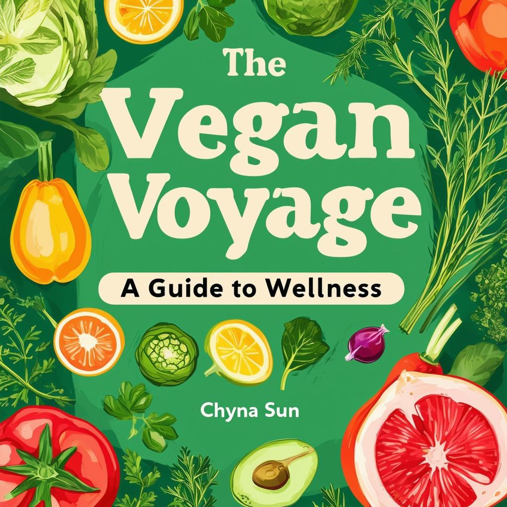 Create a vibrant and inviting printable cookbook cover titled 'The Vegan Voyage: A Guide to Wellness' by Chyna Sun, featuring fresh, natural colors, illustrations of vegetables, fruits, and herbs, and a clean, modern design