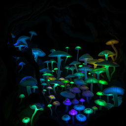 A mystical underdark mushroom garden filled with a variety of bioluminescent fungi