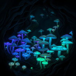 A mystical underdark mushroom garden filled with a variety of bioluminescent fungi