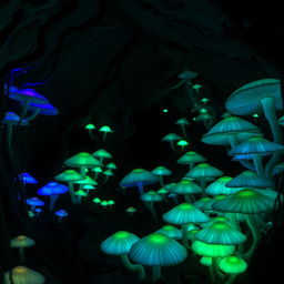 A mystical underdark mushroom garden filled with a variety of bioluminescent fungi