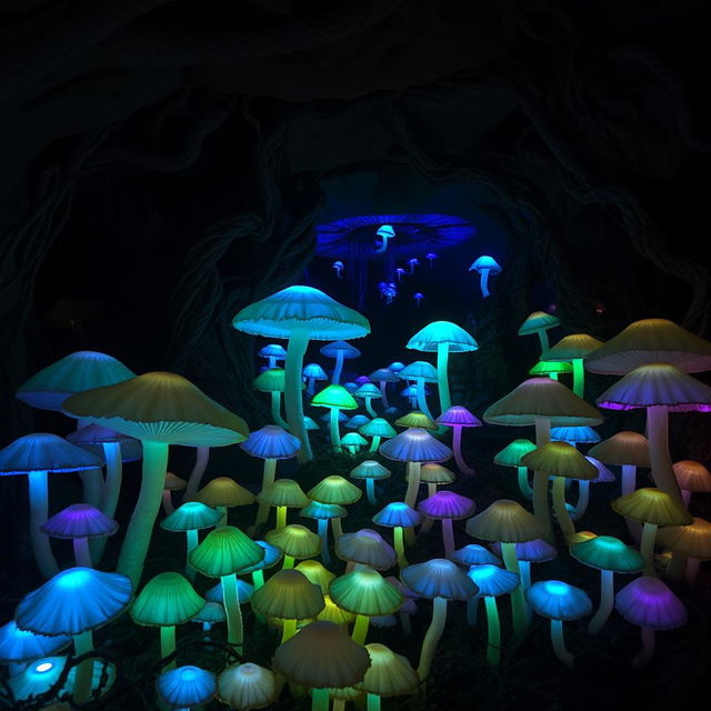 A mystical underdark mushroom garden filled with a variety of bioluminescent fungi