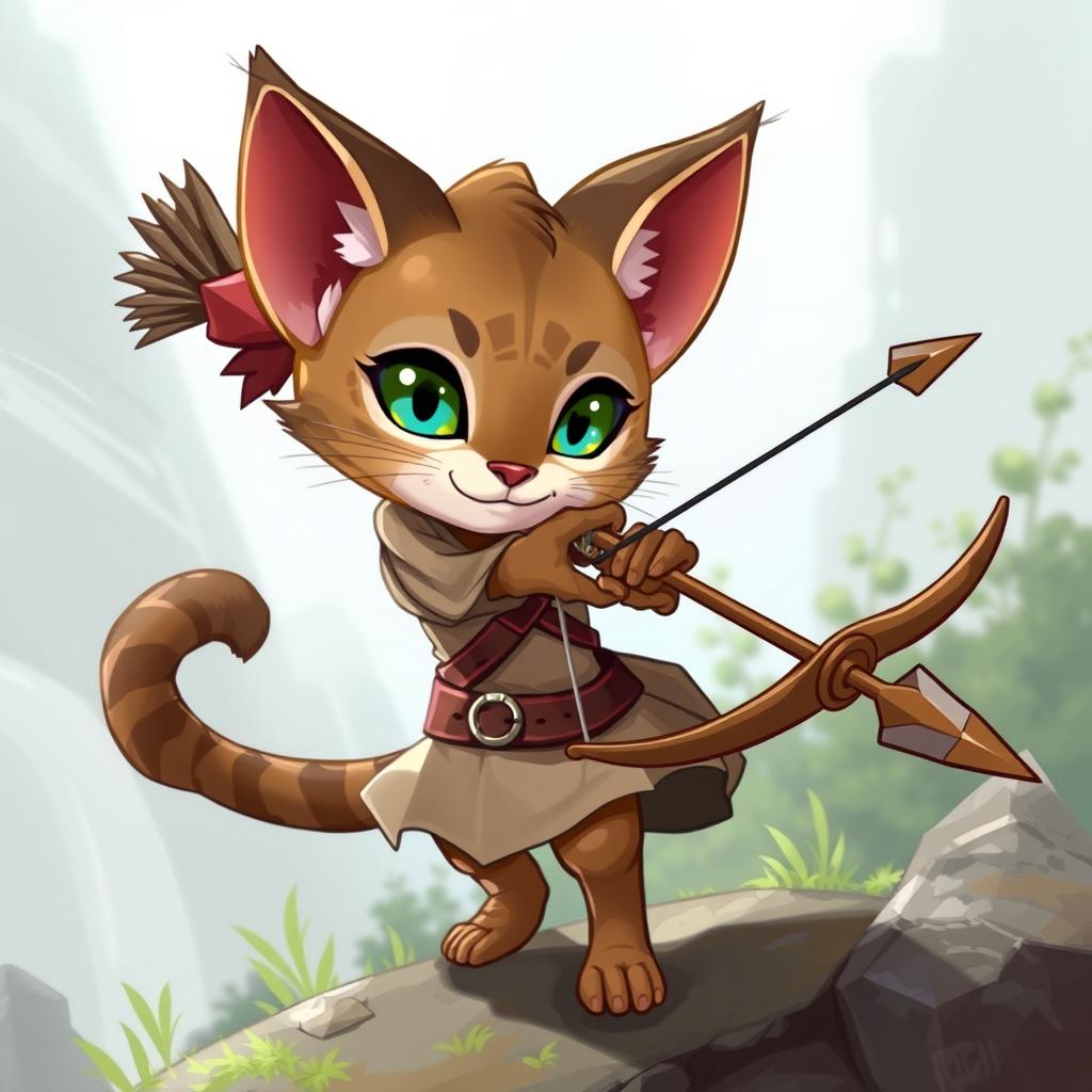 A small, adorable female tabaxi rogue from Dungeons & Dragons, equipped with a bow and arrow