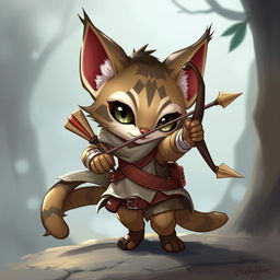 A small, adorable female tabaxi rogue from Dungeons & Dragons, equipped with a bow and arrow